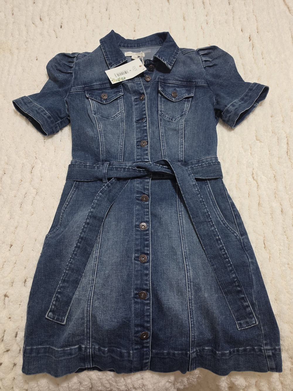 Chelsea & Violet Short Puff Sleeve Denim Dress with Belt - Blue Size 6